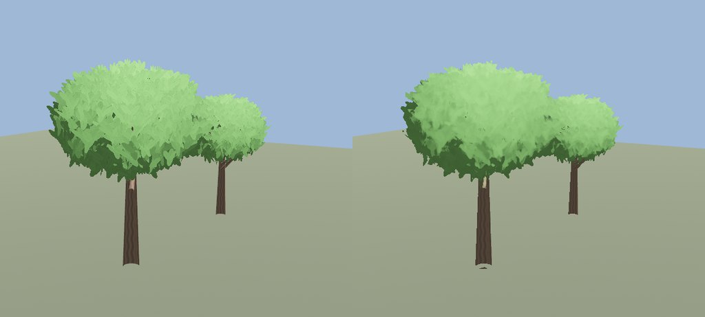 A procedural tree on the left and its impostor on the right, from the same camera